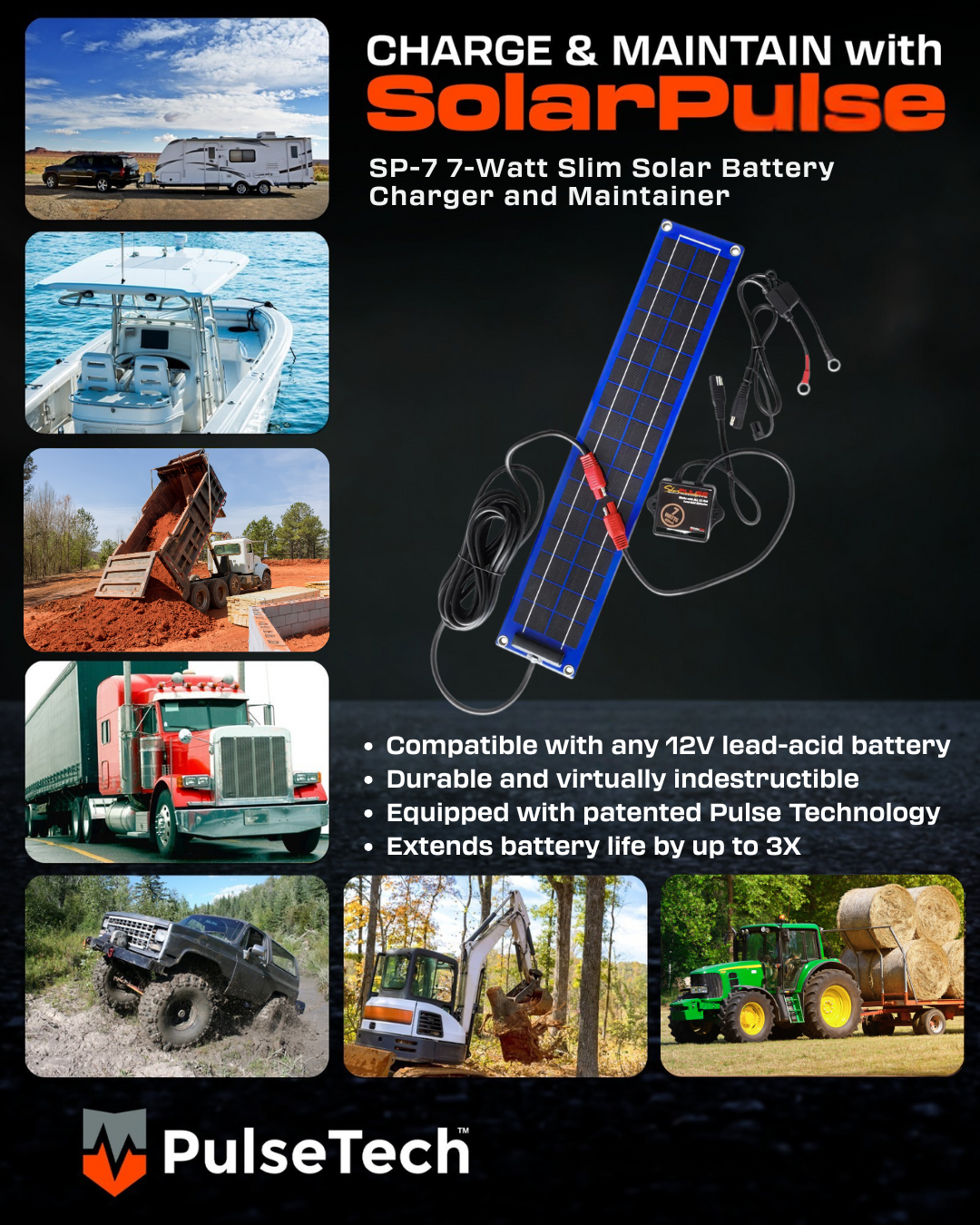 SolarPulse® SP-7 Slim 7-Watt Solar Battery Charger & Maintainer