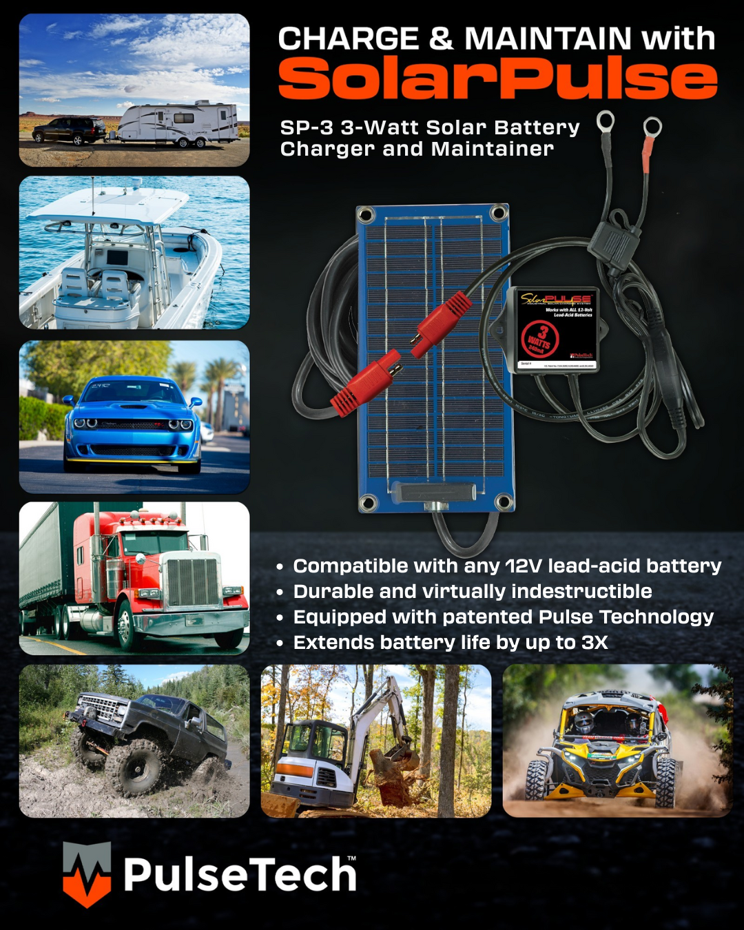 SolarPulse® SP-3 3-Watt Solar Battery Charger & Maintainer
