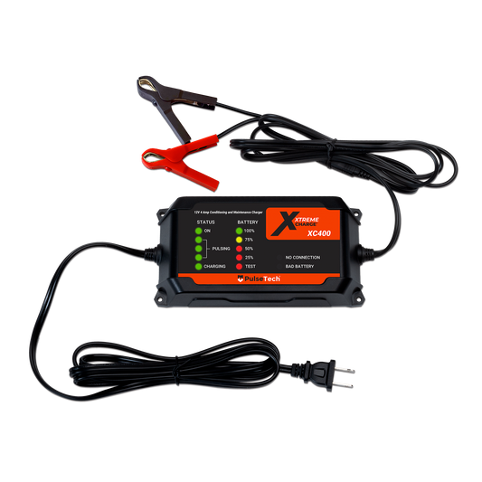 Xtreme Charge XC400 battery charger and maintainer for 12V batteries used in cars, boats, trucks, motorcycles and more